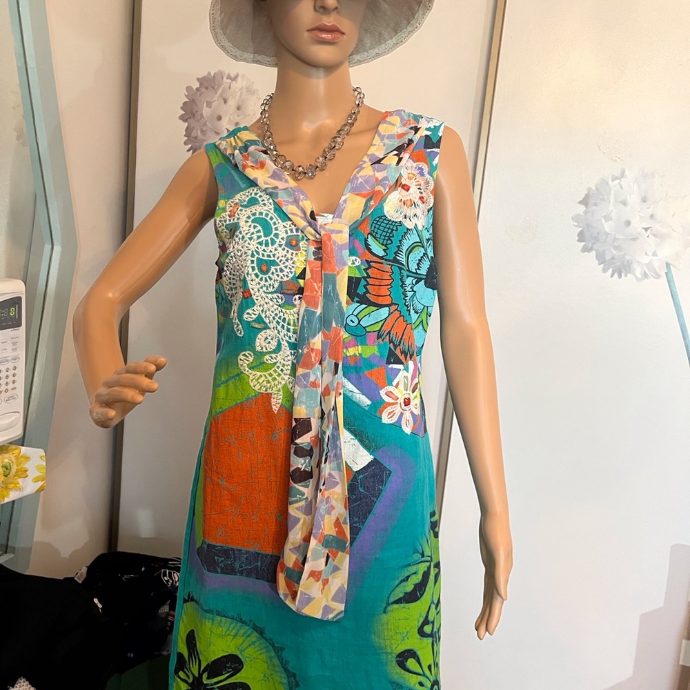Linen Tricotto Teal Dress with Artistic Patterns